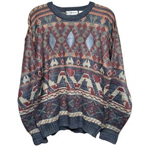 Urban Works Vintage 90s Geometric Knit Sweater Leather Trim Mens Sm Gray Multi